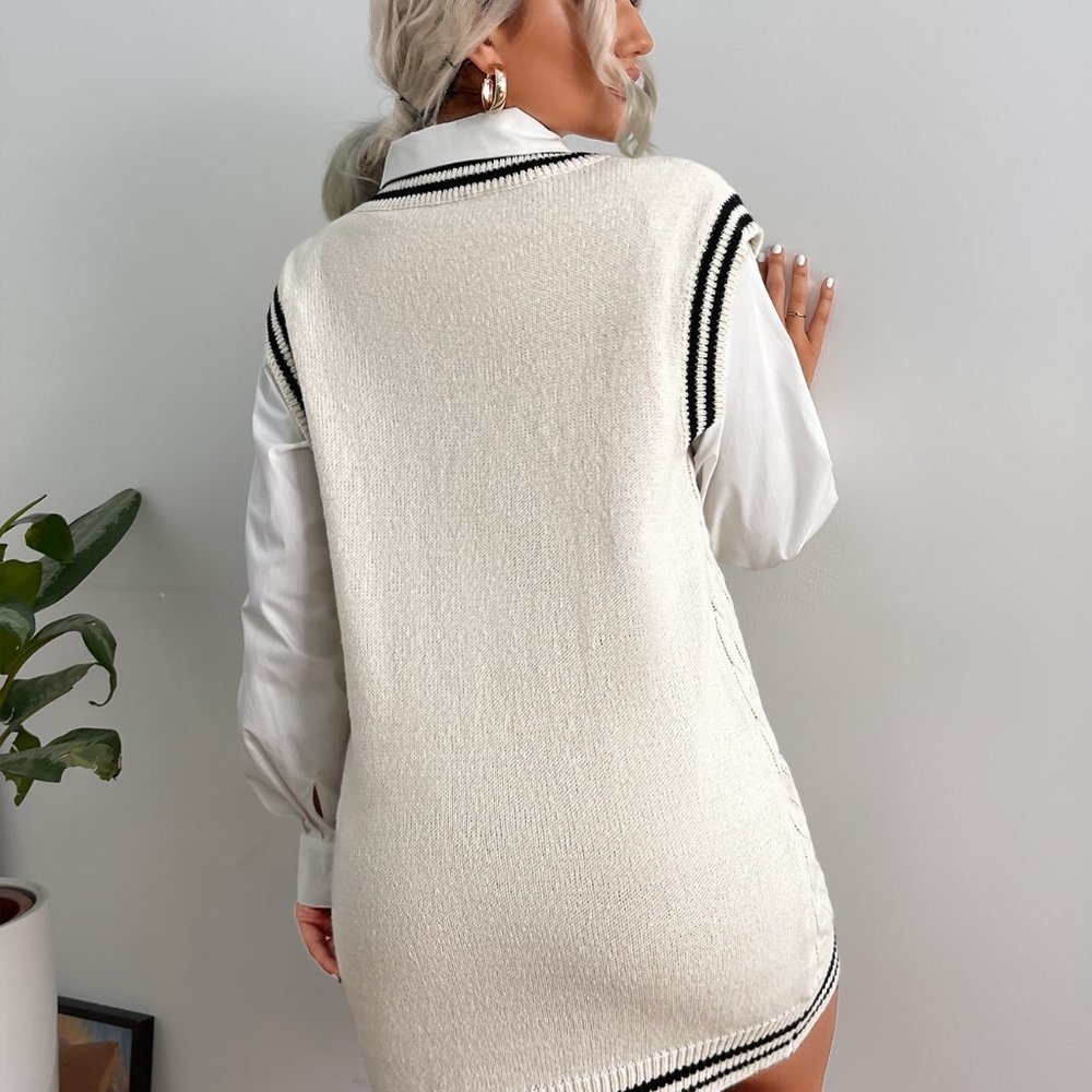 White Preppy Womens Striped Trim Cable Knit Sweater Dress - Picture 2 of 5